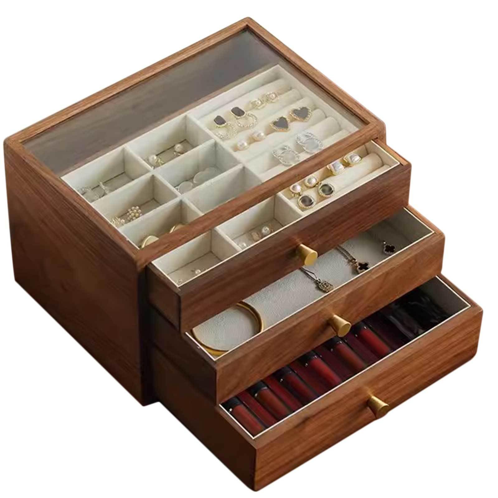 Jewelry box Drewniana szkatułka na biżuterię ze szklanym blatem, organizer, szuflady do przechowywania, różne rozmiary, brązowa