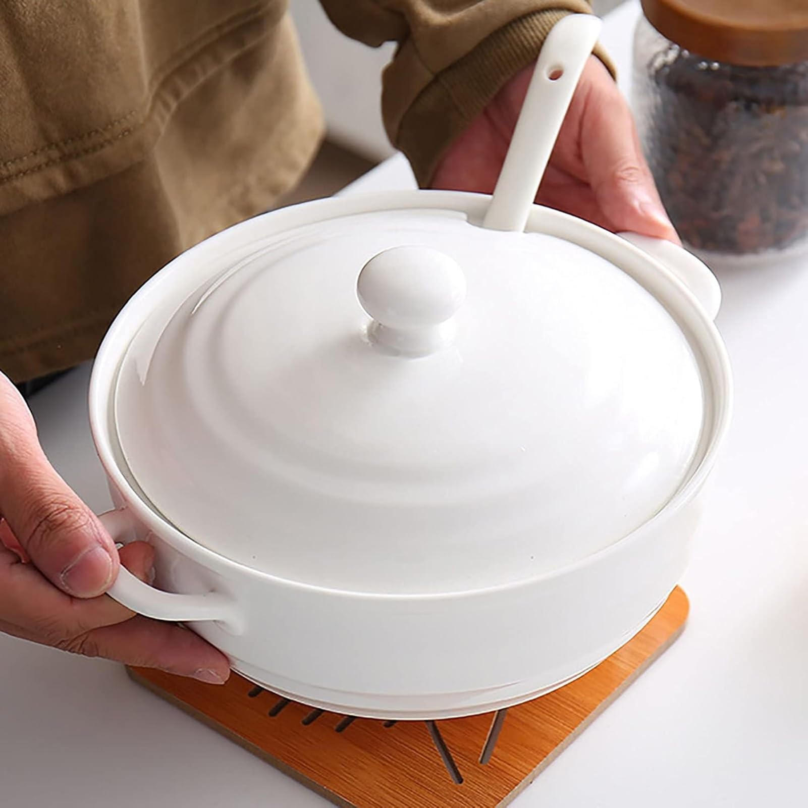 Vnook Zuppiera giapponese in ceramica bianca, con coperchio e cucchiaio, for ristoranti, feste in casa, cucina, microonde, stoviglie