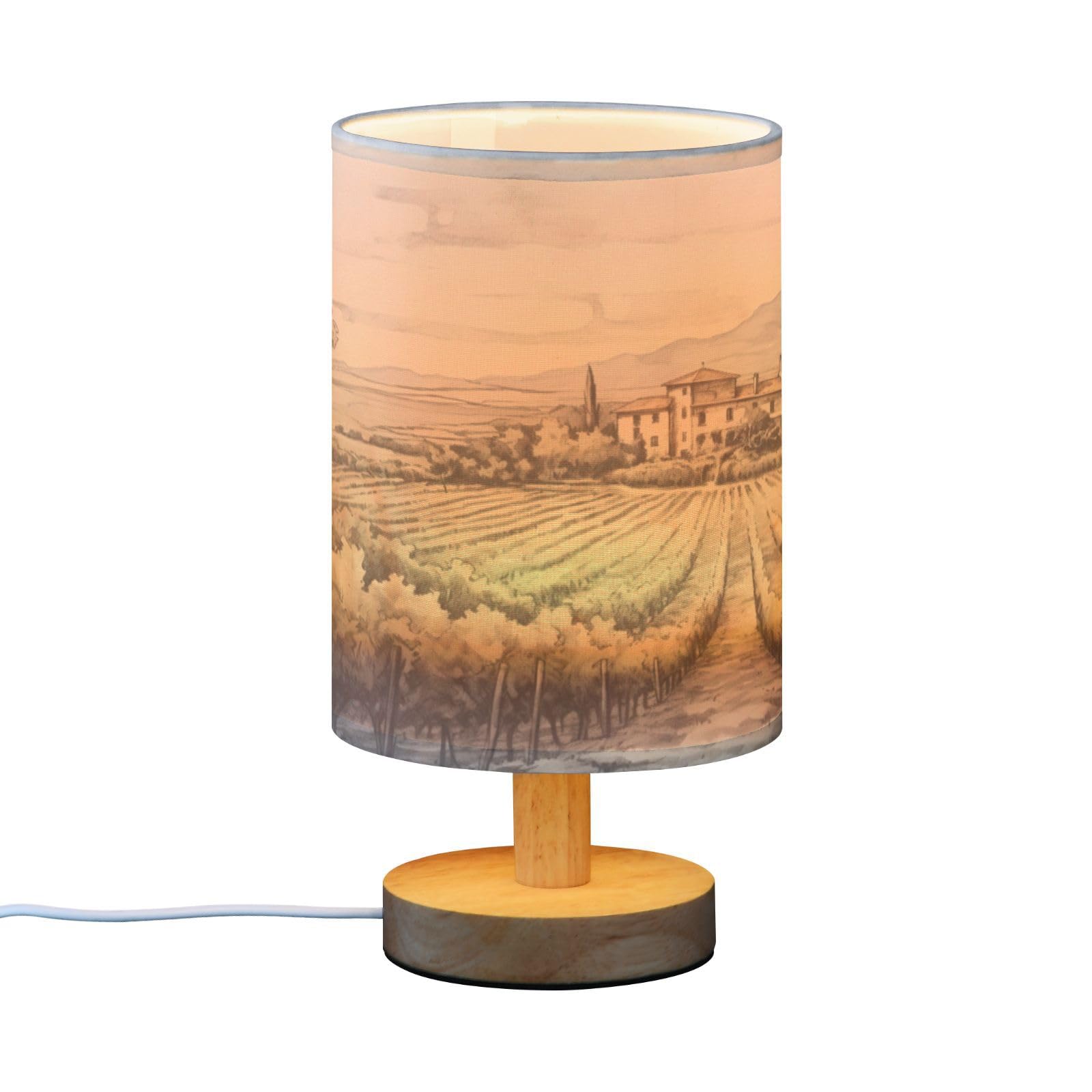 SDMKA Vintage Vineyard Bedside Table Lamp for Bedroom, Minimalist Nightstand Lamp with Round Fabric Shade for Living Room, Office, No Bulb Required