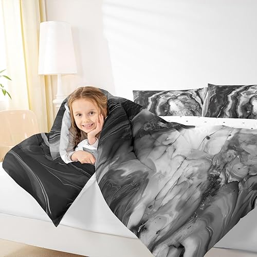 Miniatura 3 de Manfei Modern Marble Comforter Set Twin Size, Black Grey Marbling Bedding Set 2pcs, Abstract Stone Texture Down Comforter for All Season, Kids Boys