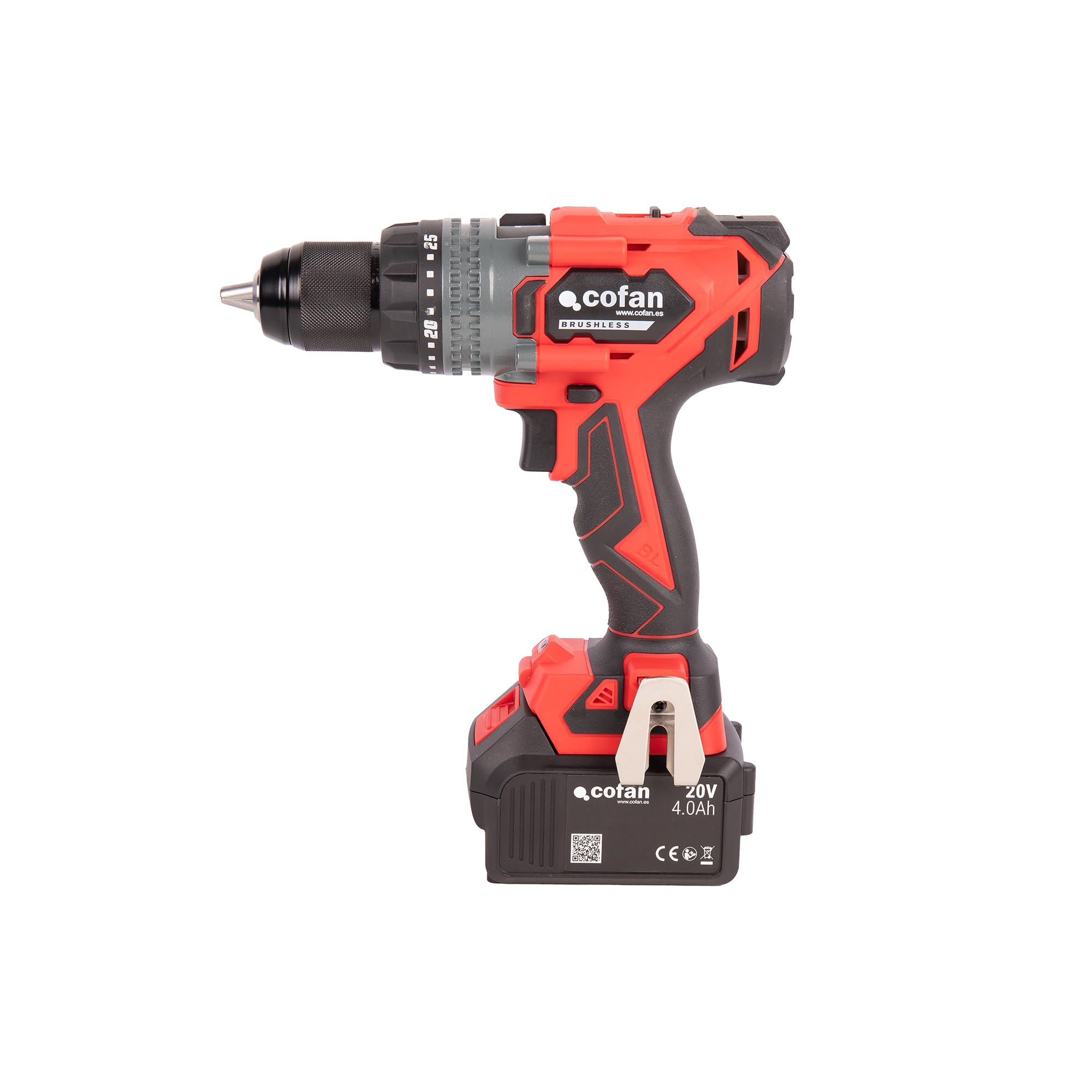 Cofan Taladro percutor a batería | Motor sin escobillas | Potencia: 20 V | Portabrocas 13 mm | 150 Nm, 2000 rpm | 2 velocidades | Percusión 30 000 BPM | Incluye accesorios | Batería y cargador incluid