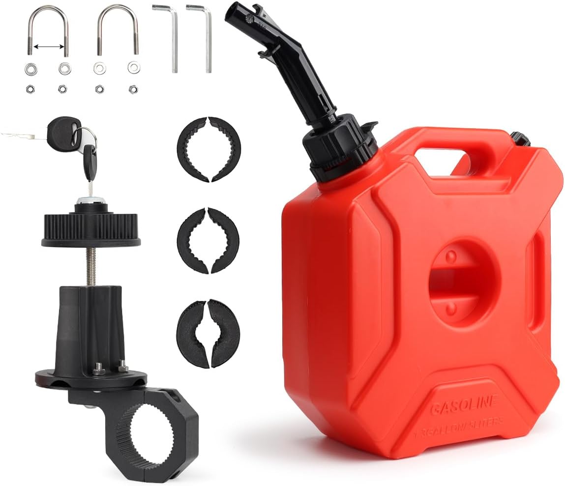 Portable Tank with Locking Mounting Upgraded Bracket Mounting 5L / 1.3 Gallon Fits for Car Motorcycle SUV ATV UTV/U bolt for 1" Tube (Red with Locking)