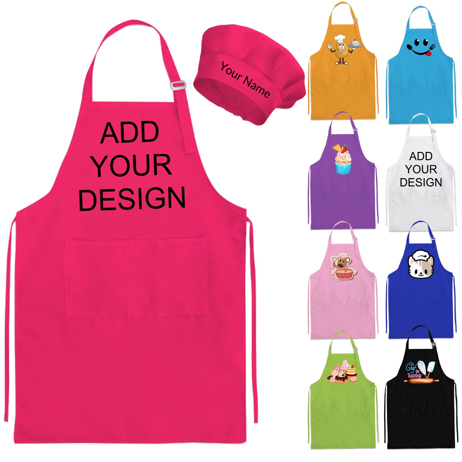 Nevaou Delantal y sombrero de chef personalizado para niños, delantal con nombre para cocinar, hornear, cocina, pintura, regalo para niños y niñas