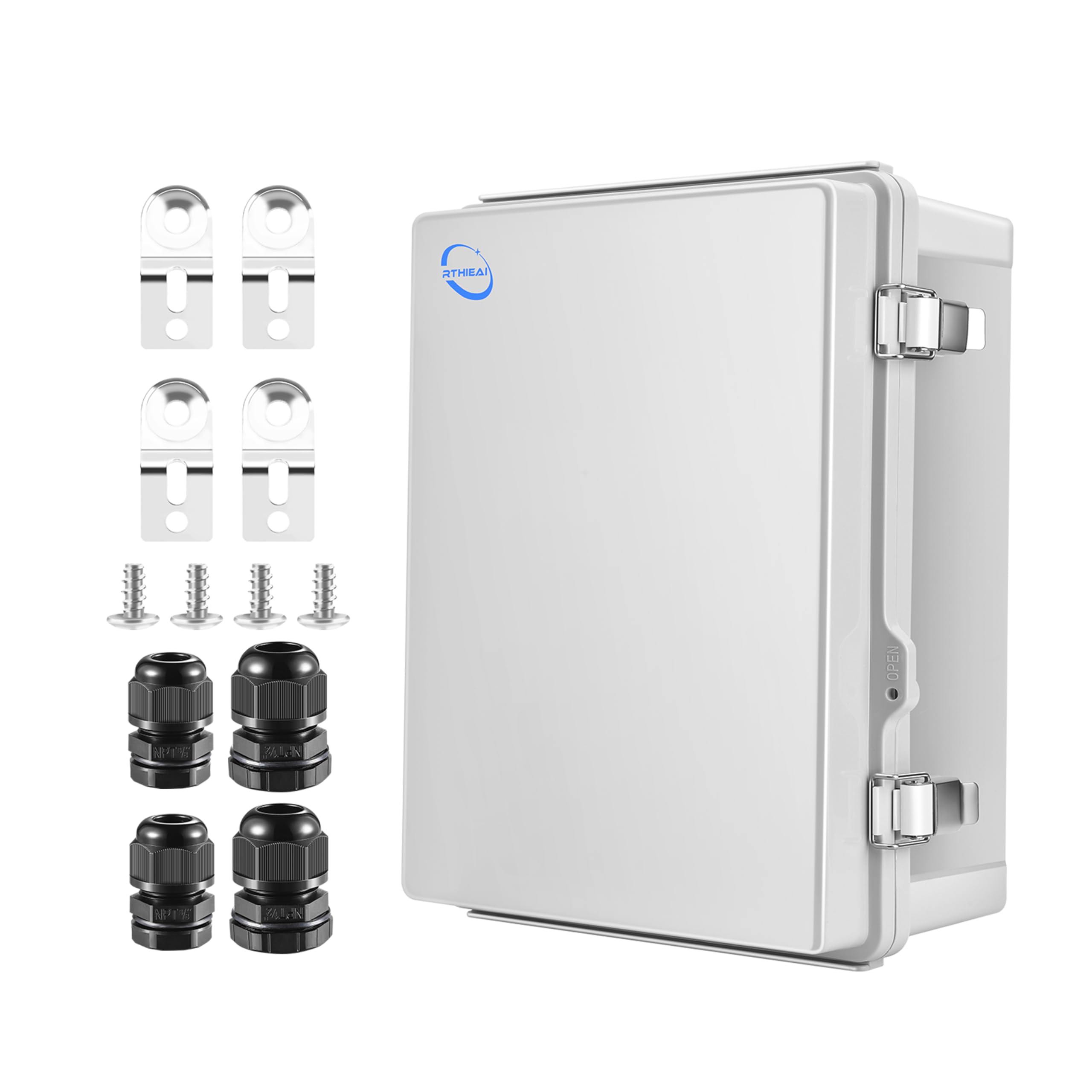 RTHIEAI Waterproof Outdoor IP67 Junction Box(16.1"x12.2"x7.1") with Mounting Plate, Hinged Grey Cover and Wall Brackets - Weatherproof ABS Plastic Electrical Enclosure for DIY Projects(410x310x180mm)