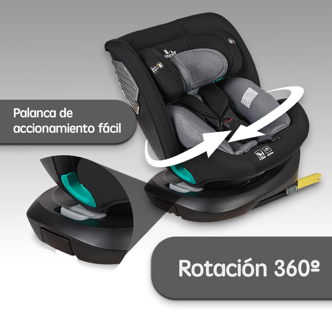 Toral Silla Coche Bebe Grupo 0 1 2 3 ISOFIX para niños de 40-150 cm (0 Meses-12 Años aprox.), base Giratoria 360, Normativa R129, Silla Bebe Coche con pata de apoyo, Color Negro, Modelo Imola+