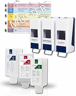 Tri-Spender (x1) Komplett Set - mit Füllmitteln (x6) & Hygieneplan (1x) für Hautpflege, Schutz &- Reinigung - lose auffüllbar. Ideal für Werkstätte & Produktionsstätten