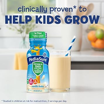 PediaSure Grow & Gain with Fiber Nutritional Shake for Kids, 7g Protein, 3g Fiber to Support a Healthy Digestive System, DHA Omega-3, Non-GMO, Vanilla, 8-fl-oz Bottle, Pack of 24