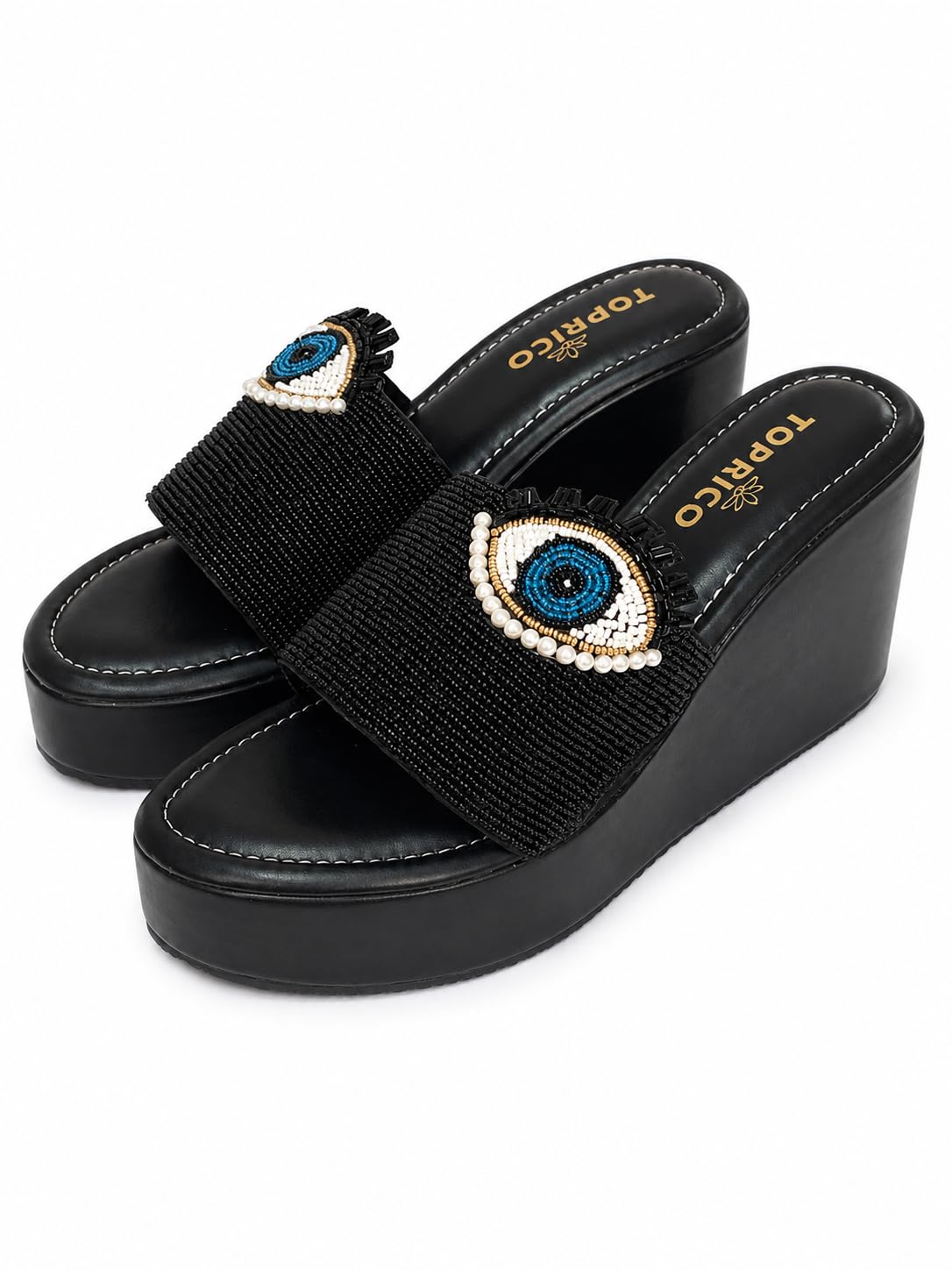 Women Black Embroidered Wedge Platform Heels Sandal Cushion Party | 271-image-32