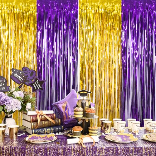 Image of LOLStar Graduation Party Decoration, 2 Pack Purple Gold Foil Fringe Curtain | 3.3 x 6.6 ft Tinsel Streamers Backdrop, Graduation Photo Booth Backdrop for Class of 2026, Prom and Grad Party Decorations