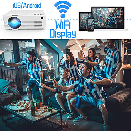 QKK Upgraded 4500Lumens WiFi Projector, Full HD 1080P Supported Mini Projector [Tripod Included], Synchronize Smartphone Screen by WiFi/USB Cable, Phone/HDMI/AV/USB/TF/Sound Bar/TV Stick Supported