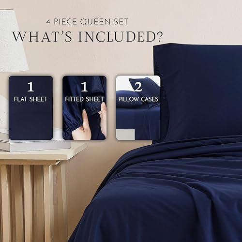 Miniatura 8 de Juego de sábanas de algodón orgánico de 144 hilos, 4 piezas, tamaño King, azul marino