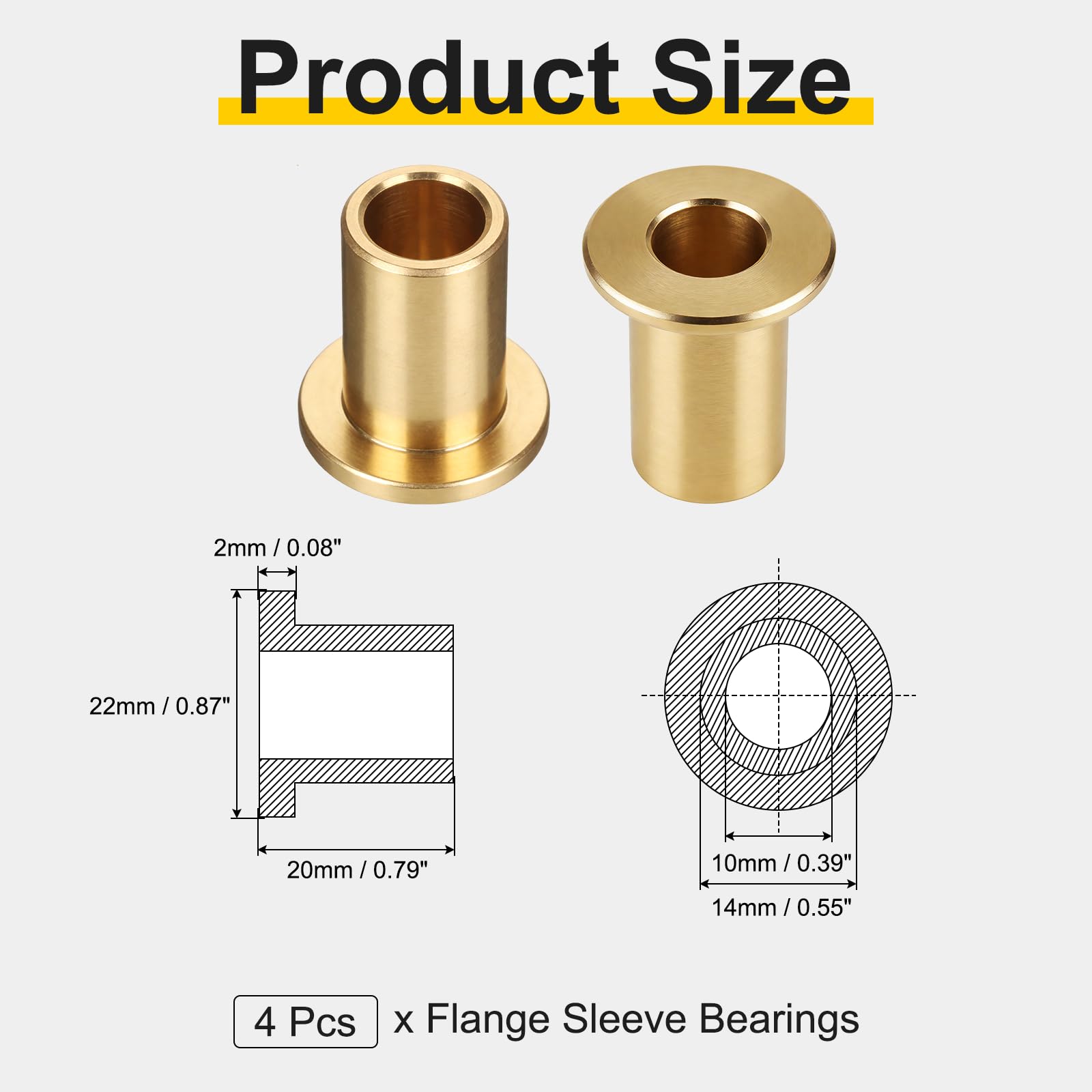 sourcing map Lot de 4 roulements à douille à bride, alésage 10 mm x 14 mm de diamètre extérieur x 20 mm de longueur, bagues auto-lubrifiantes en bronze fritté