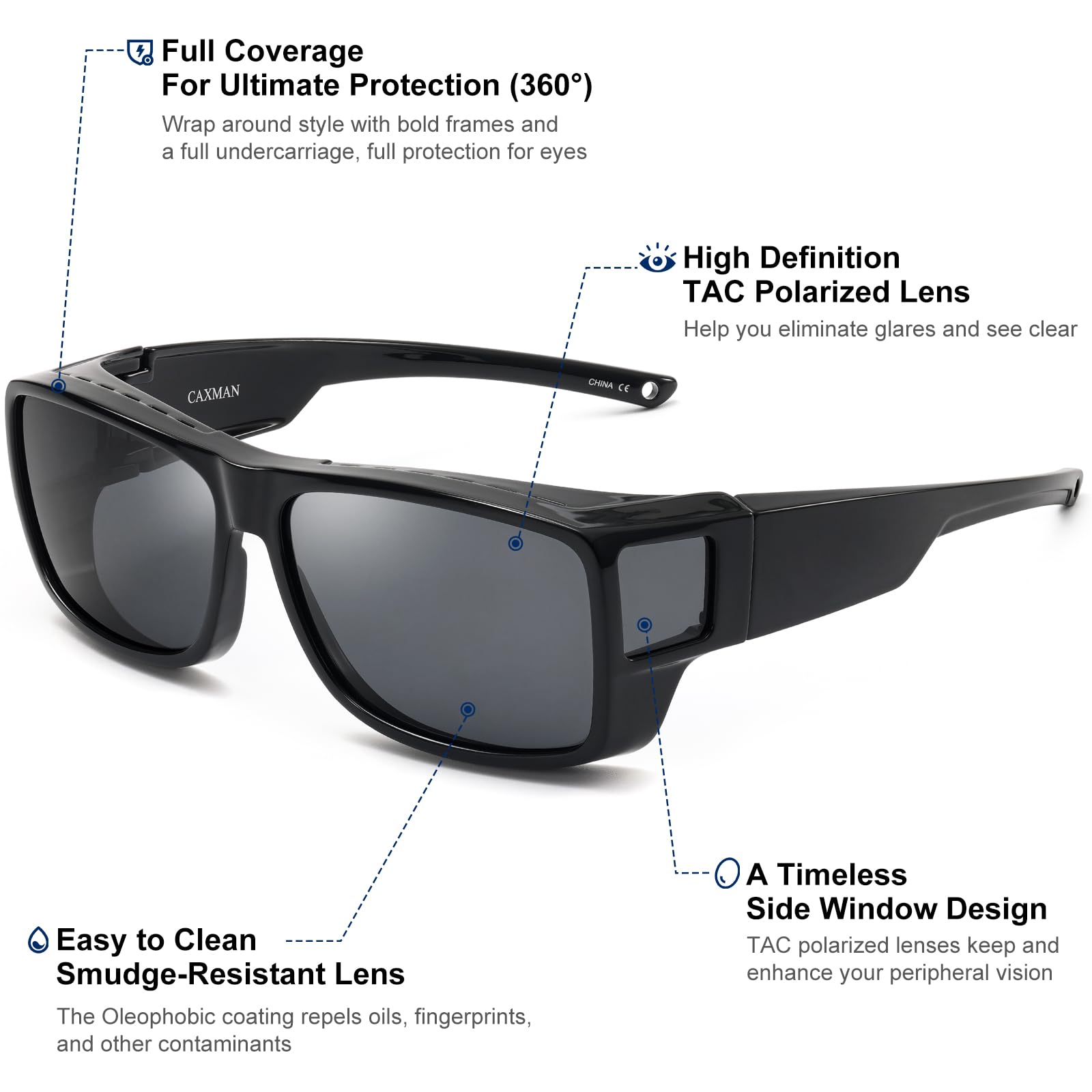 CAXMAN Gafas de sol polarizadas envolventes con protectores de ventana lateral para una protección completa