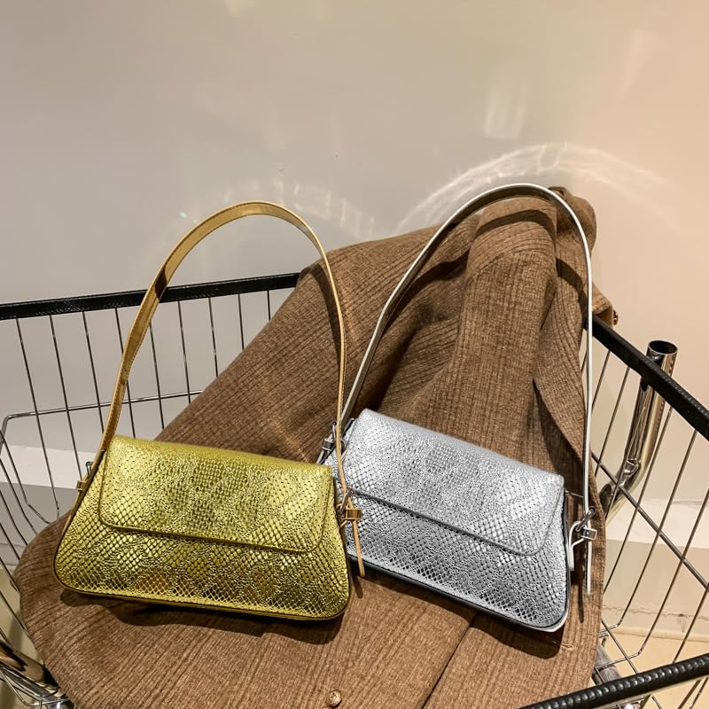 Image of Silver Metallic Evening Bag for Women Y2K Silver Leather Shoulder Bags Sparkle Purse for Prom Wedding Party | Sparkle Purse