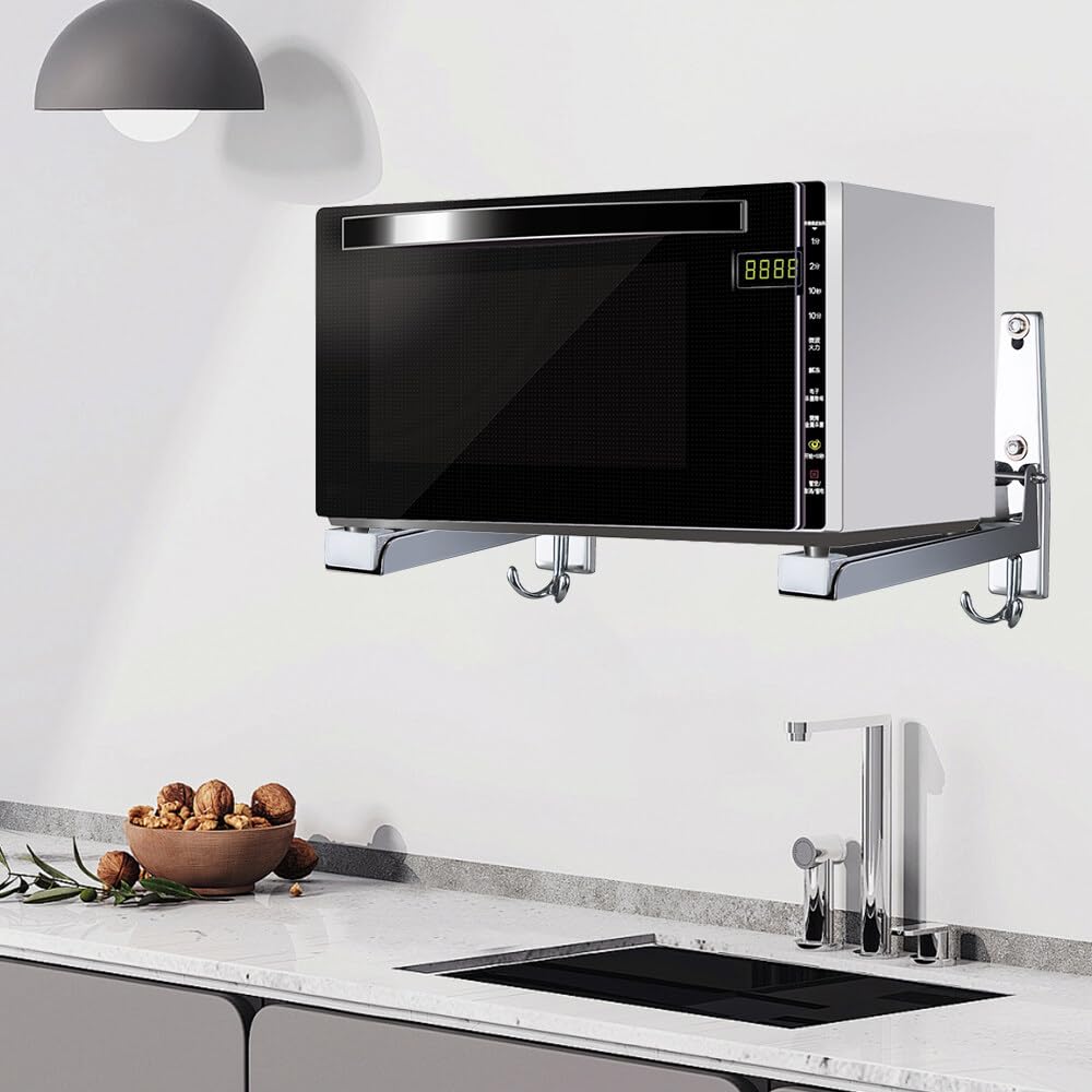 Staffa per Microonde, Supporto per Microonde in Acciaio Inox con 2 Gancio, Braccio Telescopico, Estensibile 20 – 40 cm, Supporto per Forno a Microonde da Parete