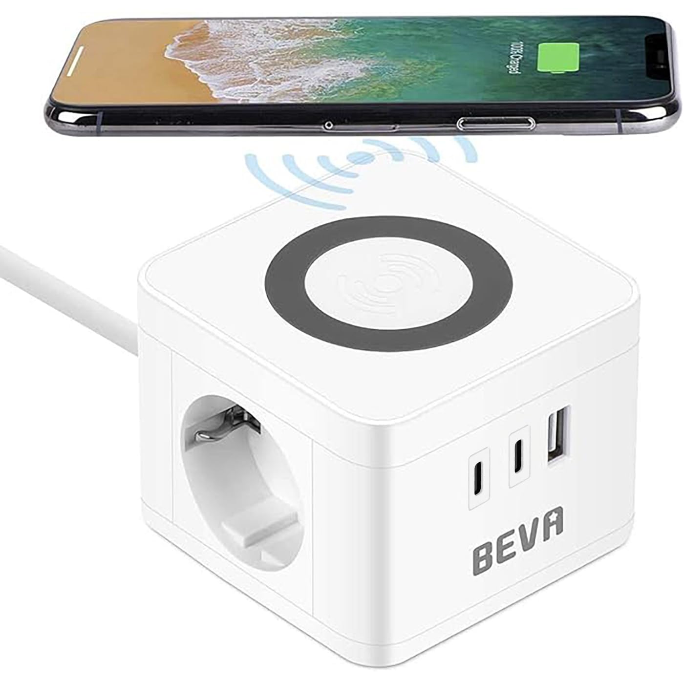 Socket Cube, BEVA Cube Kostka z 2 gniazdami +2 USB C+1 USB-A, z funkcją ładowania bezprzewodowego, ładowarka do telefonu komórkowego, w podróży, gospodarstwie domowym i biurze, biała