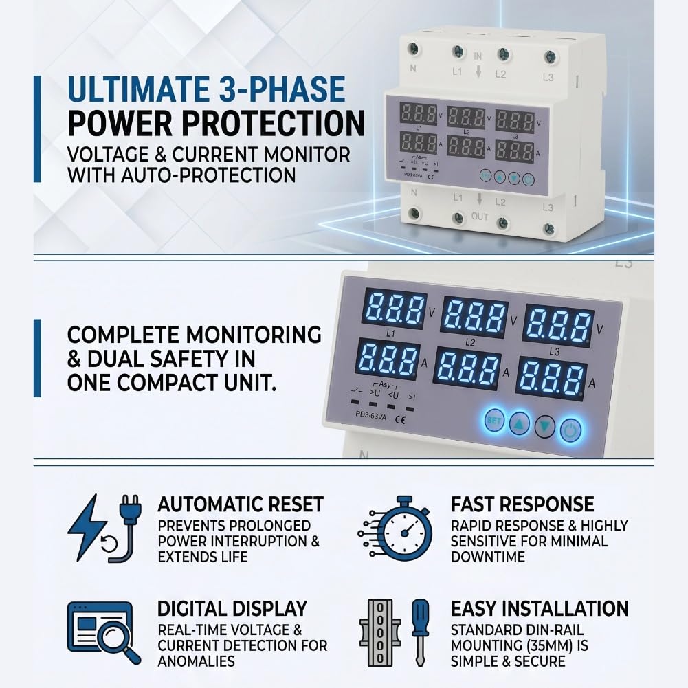 Tester Multifase per Voltmetro Amperometro su Guida DIN, Protezione da Sovracorrente Automatica da Sovratensione AC 390‑500V(40A)