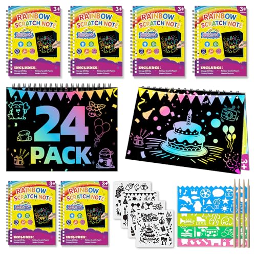HXDOGSP Scratch Art for Kids: 24 Pack Rainbow Scratch Paper Party Favors - Art Crafts Notebook Suitable for Birthday Gifts/School Crafts Kit/Classroom Prizes for Girls and Boys Aged 4-12