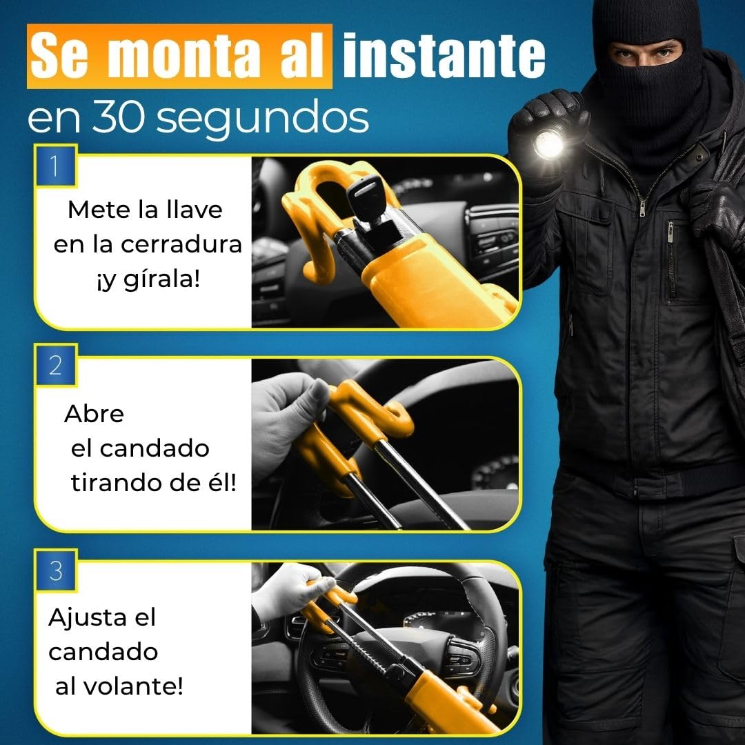 ATG Bloqueo Volante Coche – Antirrobo Coche, Antirrobo Volante & Barra Antirrobo para Auto, SUV, Van, Furgoneta y Autocaravana – Acero Endurecido, Protección Antitaladro