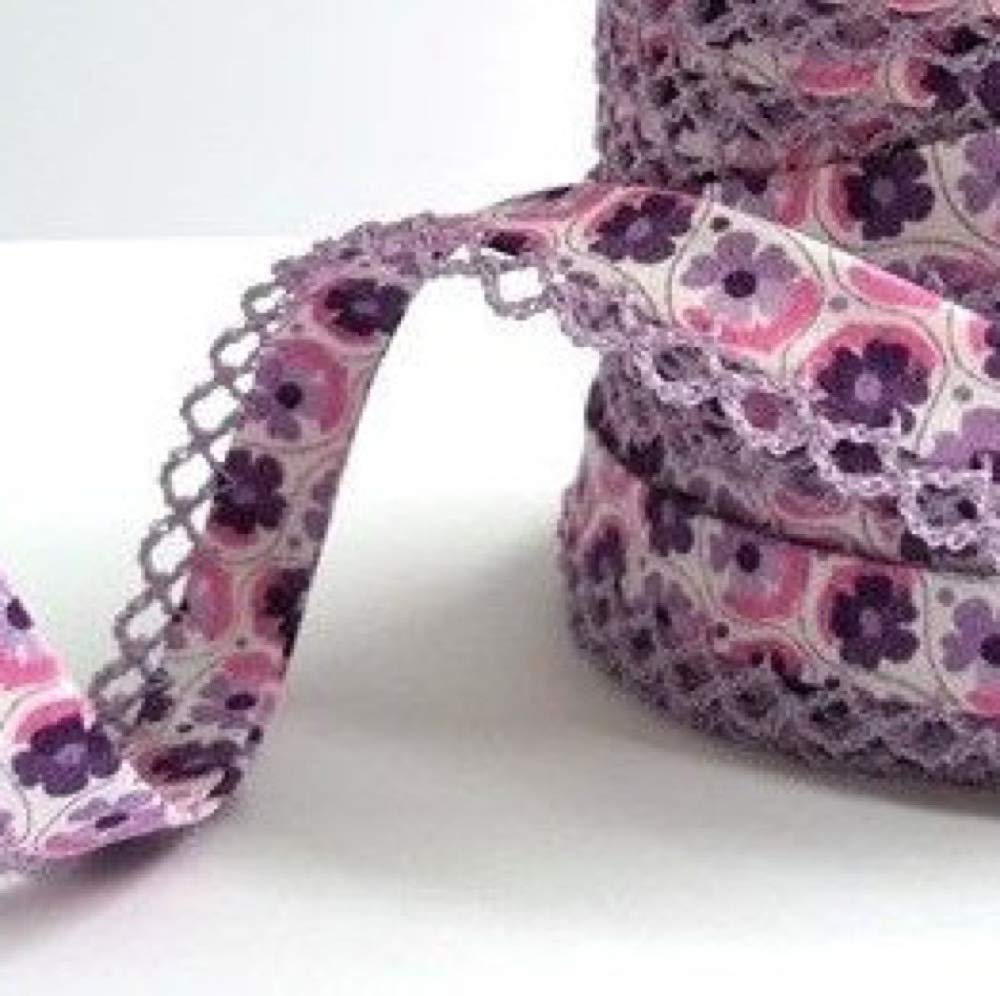 Plush Addict - Patterned Print Lace Edged Bias Binding - Lilac Purple & Pink Dune Floral Print - 12mm x 1 Metre