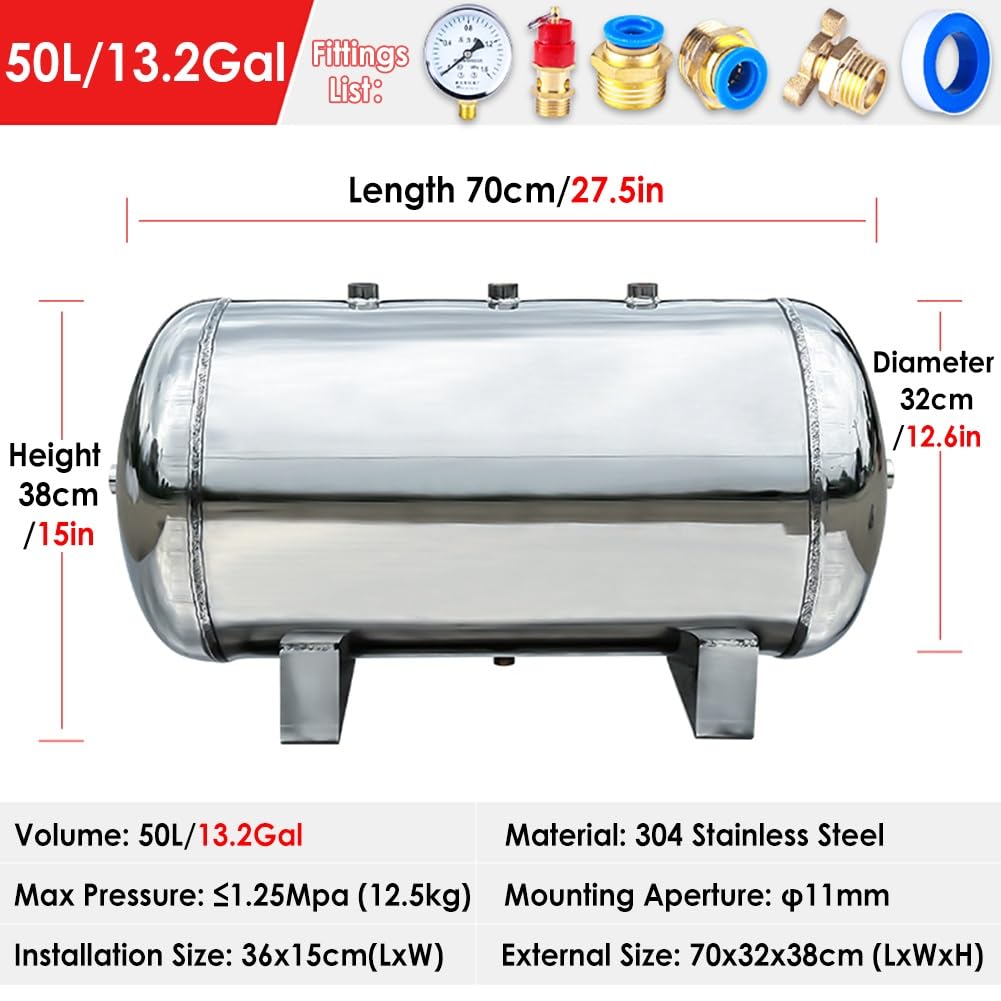 Réservoir d'air en acier inoxydable pour compresseur, 5-50 L horizontal haute pression avec kit de montage