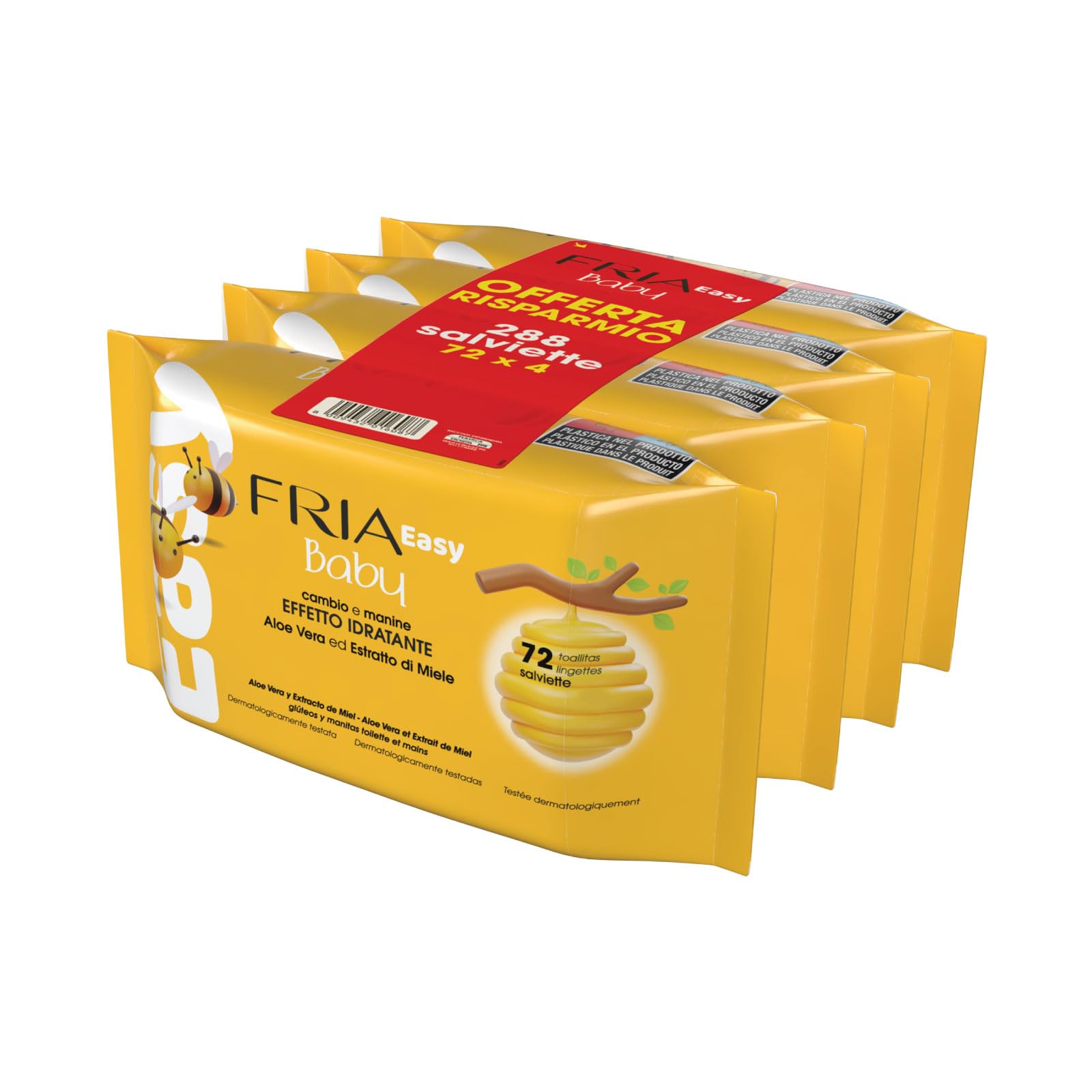Fria Easy Baby Salviette per Cambio Pannolino, con Aloe Vera ed Estratto di Miele ad Effetto Idratante sulla Pelle, Dermatologicamente Testate, Confezione da 288 Salviette