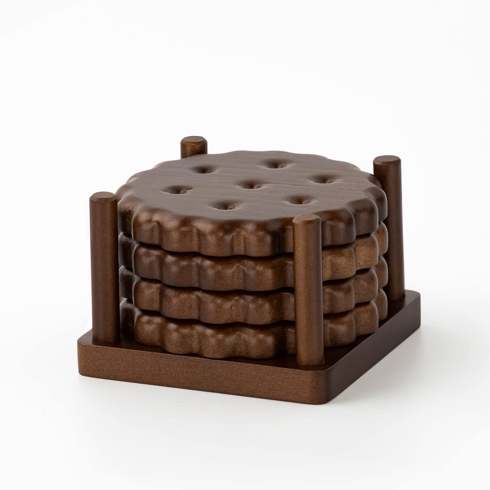 GOODSDECODrink Coasters with Holder - Cookie Coasters with Holder Set of 4, Wooden Coasters Set for Bar Kitchen Home Office, Cute Coasters for Drinks, Gift for Housewarming Birthday (Round, Walnut)