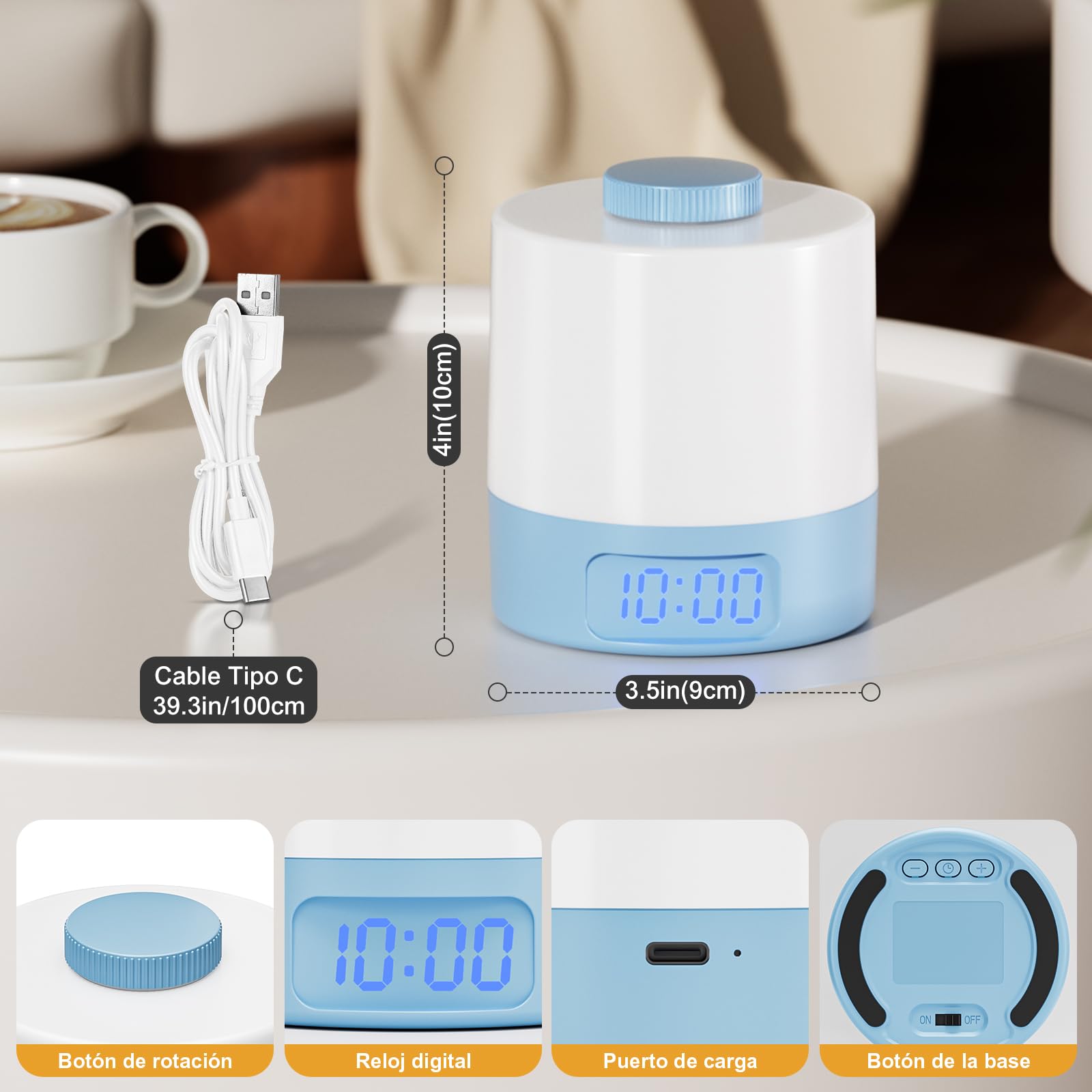 WOBANE Lámpara de Mesita de Noche sin Cable, Regulable Luz Nocturna Recargable USB con Reloj, 3600 mAh Lámpara de Bebé para Dormitorio, Mesa, Salón, Oficina, 3 Temperaturas de Color