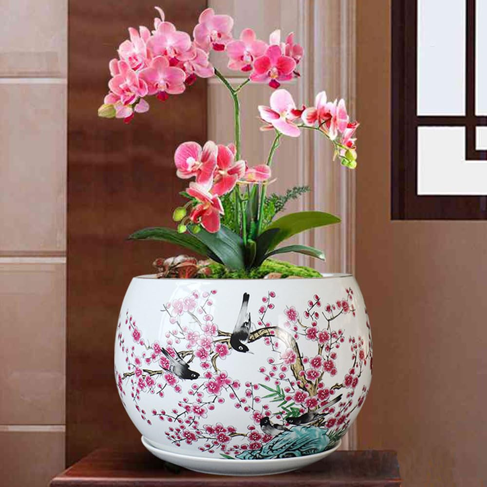 DFGHNBVC Colorful Flower And Bird Patterns Planter, Chinoiserie Planter, Flower Pot For Indoor Plants, Oriental Pots For Plants, Oriental Planter, Porcelain Planter, Chinoiserie Pot, Asian,Pink