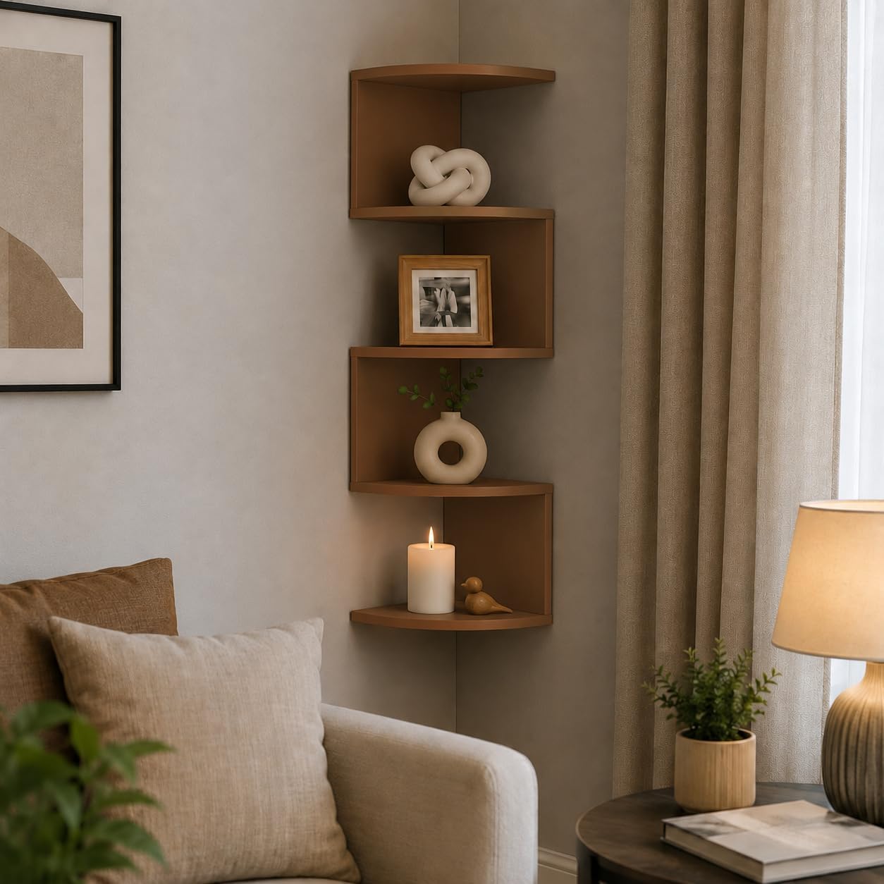 Elcom Corner Wall Mounted Shelf for Living Room | Modern Wooden Corner Rack for Bedroom, Office & Home Decor | Space Saving Floating Display Shelf for Books, Plants, Photos & Decorative Items (Brown)-image-22
