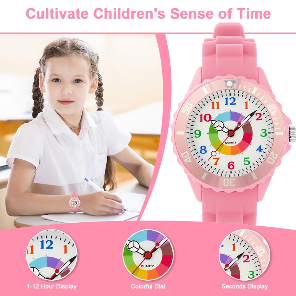 OSDUE Reloj de Aprendizaje para Niños, Impermeable Fácil de Leer Relojes de Pulsera con Correa Suave, Reloj de Pulsera Analógico para Niños Niñas Regalo de Cumpleaños Partir Esfera Colorida