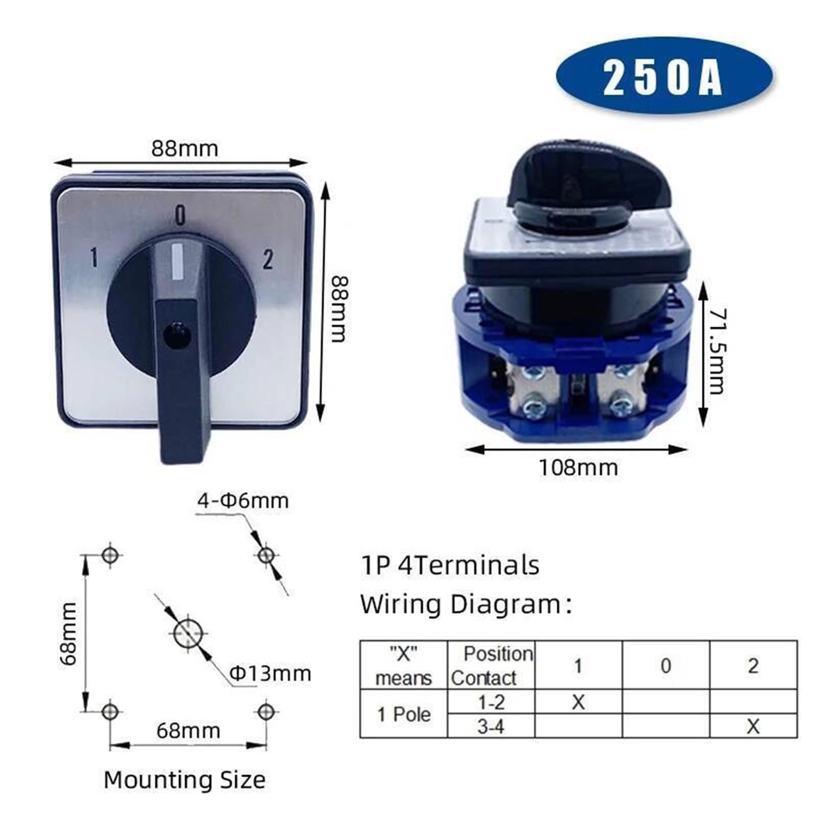 Interruptor de cámara giratorio de 250A, LW26-250 de tres posiciones, cambio Universal, fuente de alimentación Dual, Control de circuito inverso del Motor, 1 Uds.(1P 4Terminals-102)