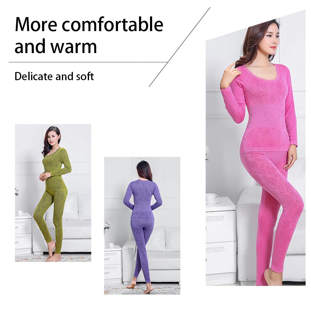 Ropa interior térmica elástica de encaje para mujer, de manga larga, sin costuras, ropa cálida para mujer, pijama rojo