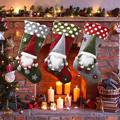 Viujuh Christmas Stocking 3 Pack, 19 Inch 3D Gnomes Santa Christmas Stockings Fireplace Hanging Stockings For Family Christmas Decoration Xmas Character Holiday Season Party Decor #TOP6