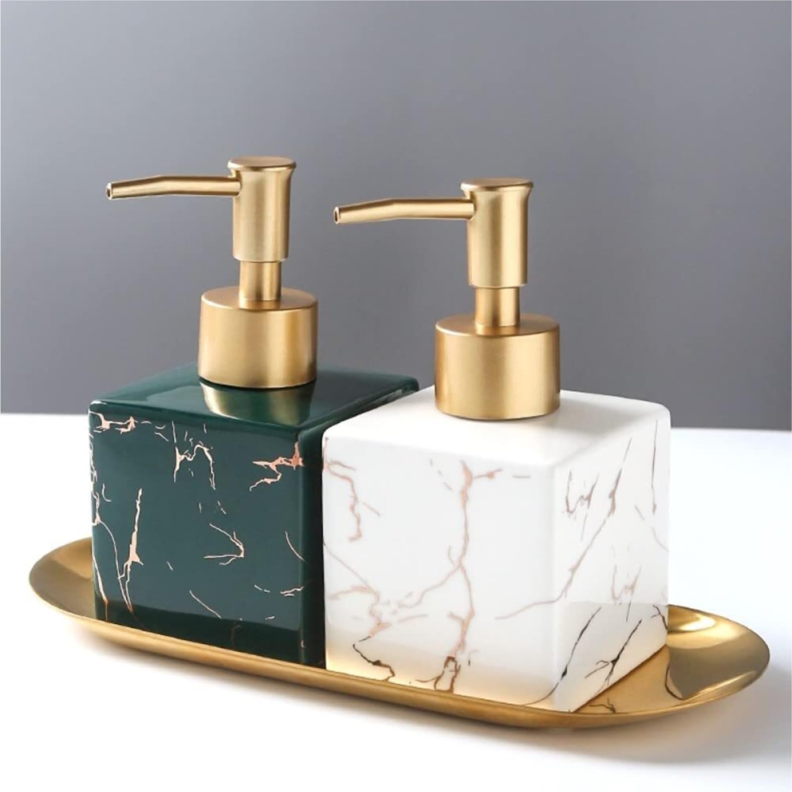 Dispenser Sapone Ricaricabile Distributore di Sapone, distributore Liquido in Ceramica con Pompa per Le Mani in Porcellana a Strisce Dosatore Liquido(White)