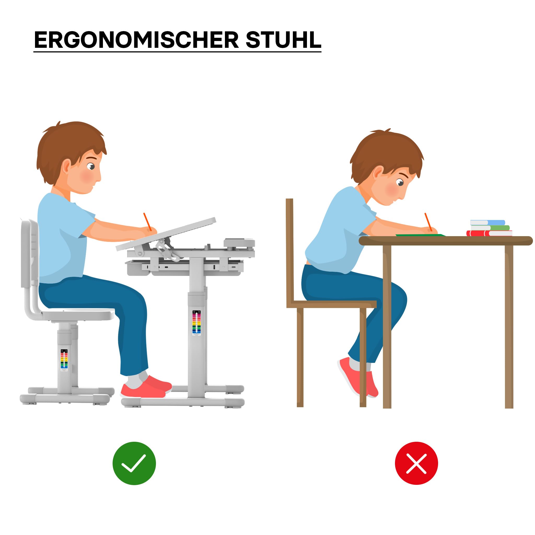 Kinderschreibtisch mit Stuhl, mitwachsender Schreibtisch für Kinder neigungs-/höhenverstellbar mit Schublade und Buchstütze