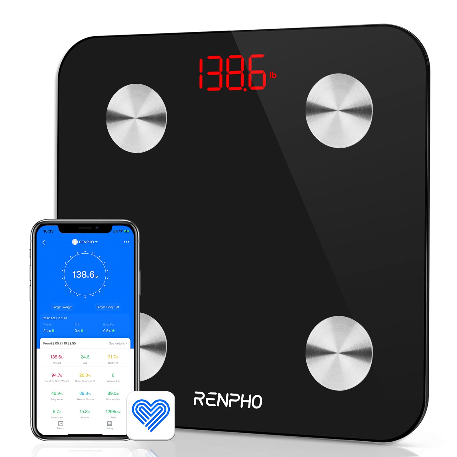 RENPHO Smart Bathroom Scale, Bluetooth Body Fat Monitor Weight Scale, Digital BMI Key Composition Analyzer for Weight, Fat, Muscle Mass, 396lbs