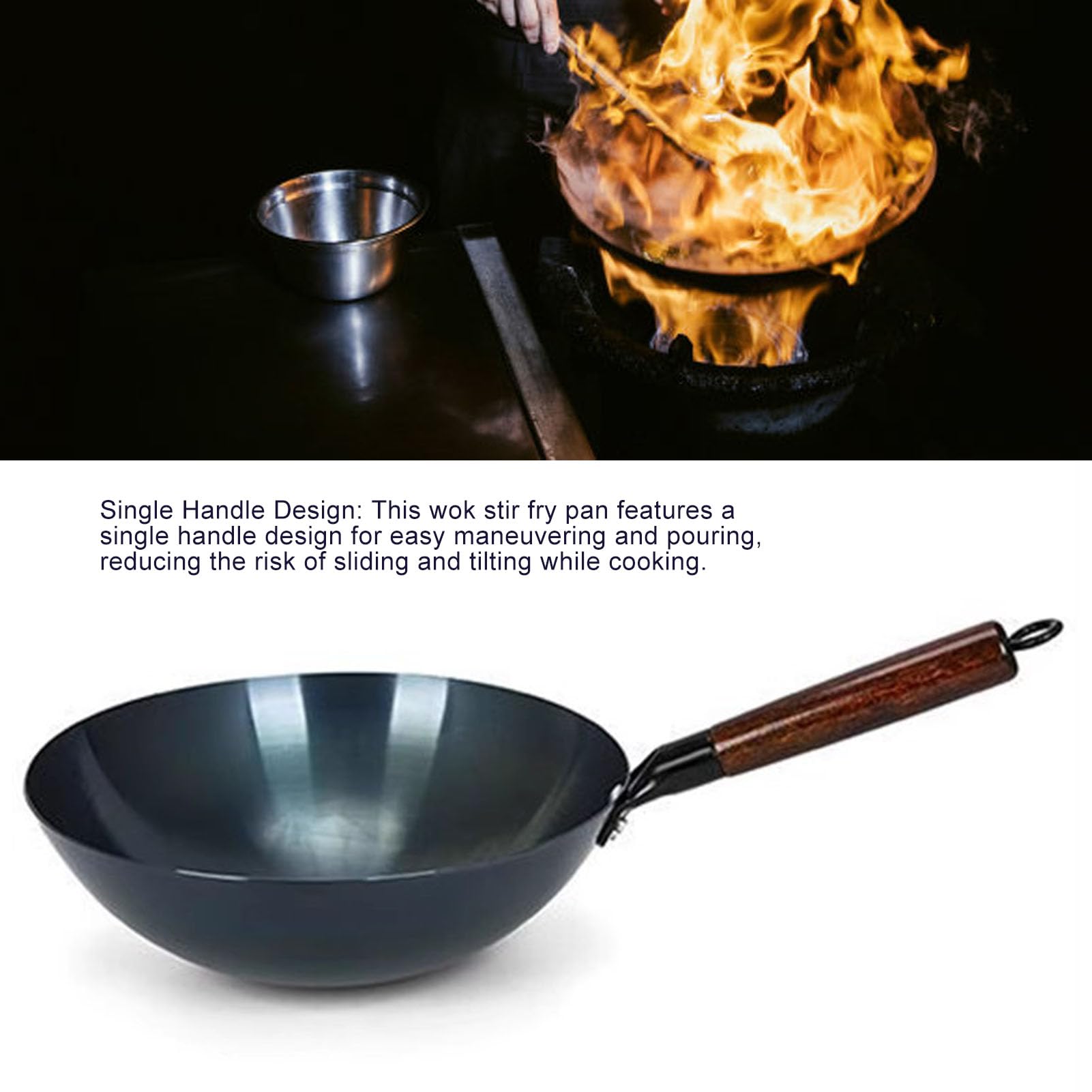 SIXRUN Padella Wok in Ferro, Wok Antiaderente con Manico Singolo con Fondo Tondo Cinese Tradizionale in Ferro Raffinato per Ampia Applicazione per Ristoranti Domestici (38 cm)