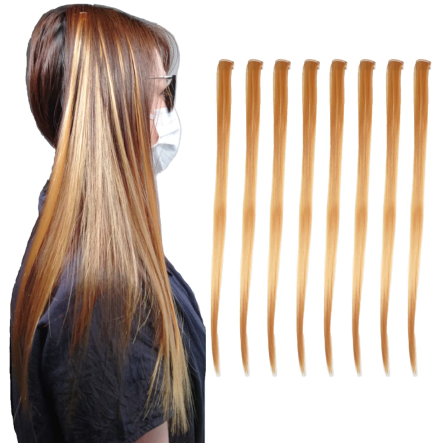 エクステ ワンタッチ ８本セット ピンク グラデーション ポニーテール メッシュ クリップ ロング (オレンジ)