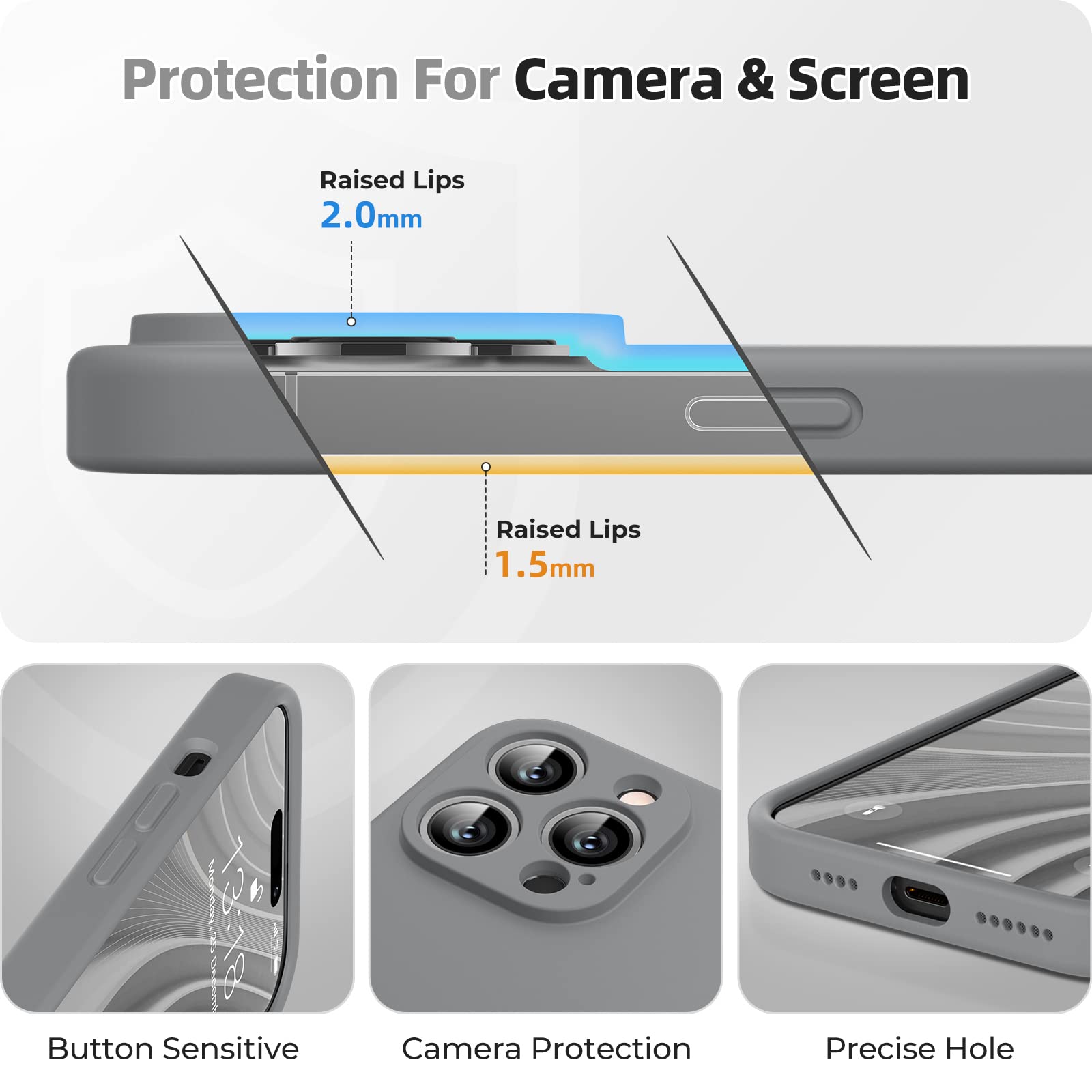 GOODVISH 3 in 1 Cover per iPhone 14 Pro Max Silicone per 6,7", con 2 Pezzi di Pellicola Protettiva, iPhone 14 Pro Max Custodia per Cellulare Antiurto Resistente 360° Protezione, Grigio