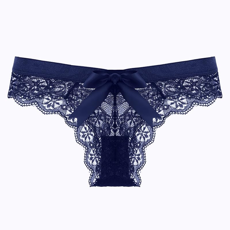 Women's Lace Bow Thongs T Back Low Waist Breathable Panties Sexy Seamless V-Shape Design Floral Lace tangas: Small Blue