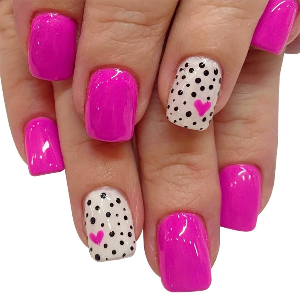 24 Pcs Heart Polker Dots Stick on Nails Valentines Day False Nails Short Square Artificial Nails