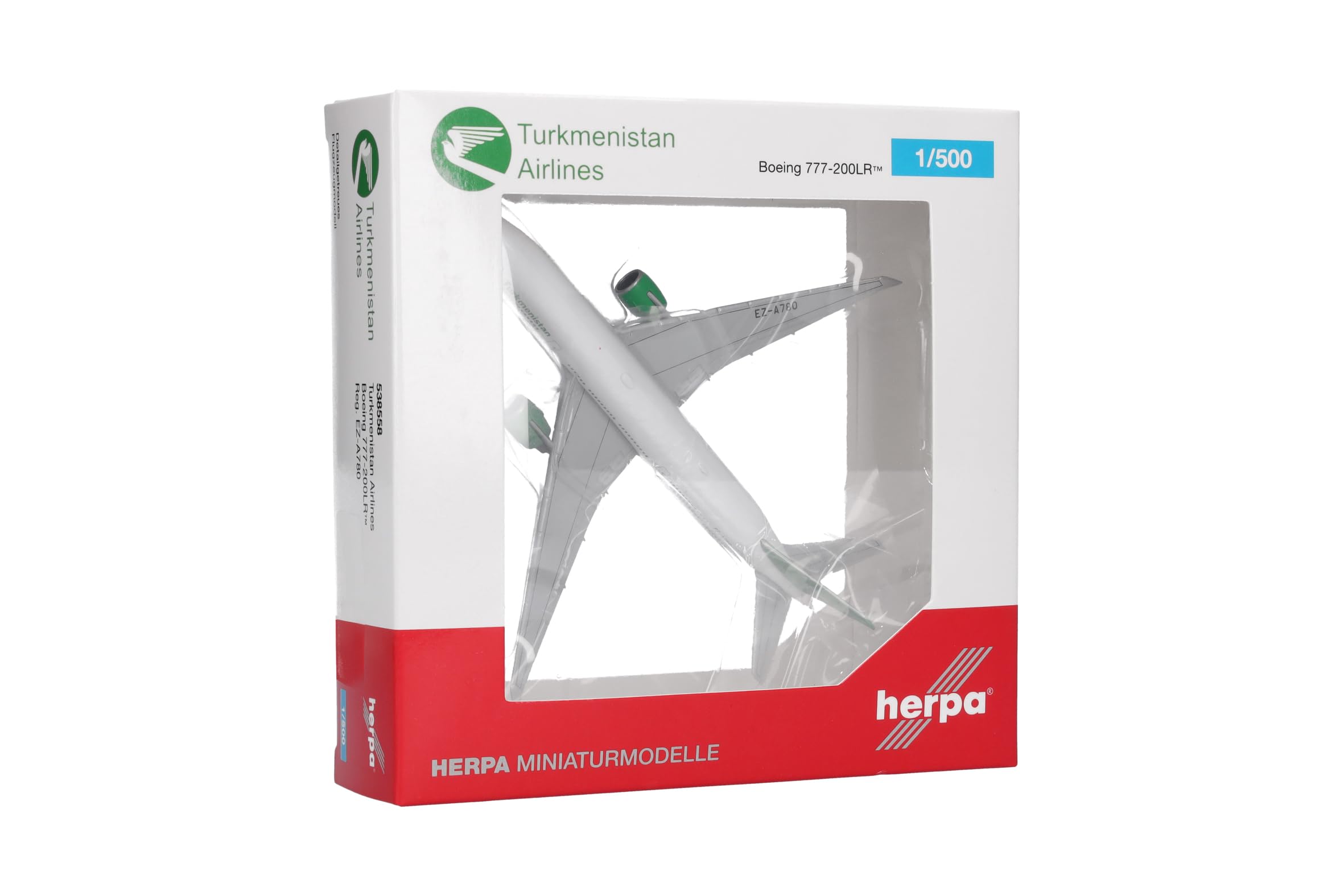 Herpa Modellflugzeug Turkmenistan Airlines Boeing 777-200LR Miniatur im Maßstab 1:500, Sammlerstück, Flugzeug Modell ohne Standfuß, Metall