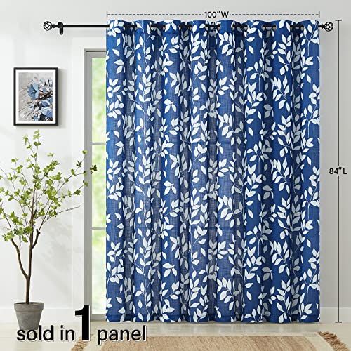 Image of Royal Blue Semi Sheer Curtains for Sliding Glass Door 100 inchx 84 inch Extra Wide Glass Door Curtain Panels Linen Textrued White leaf Pattern Curtain Dripes for Living Room Window Draperies Grommet 1pcs