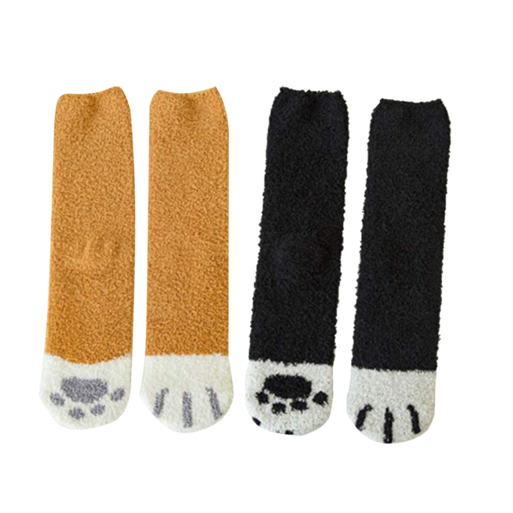 Tendycoco Women's Assorted Color Animal Floor Socks Thicken Coral Fleece Middle Tube Cat Claws Pattern Socks Warm Floor Socks Fluffy Sleep Bed Socks 2 Pairs (Black Yellow)