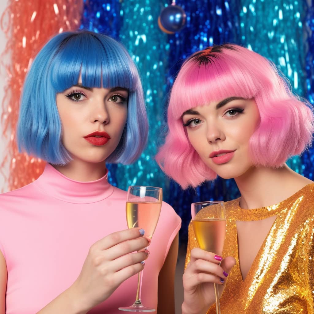 Party Wigs Wig Cap and Sunglass Set,Short Bob Hair Wigs Straight with Flat Bangs Synthetic Colorful Cosplay Daily Party Neon Wig for Women (Blue) - Image 4