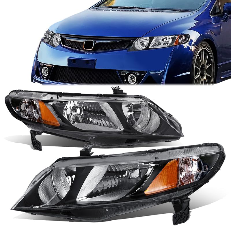 Headlight Assembly Compatible with 2006-2011 Honda Civic Sedan Left Right Side Factory Style Replacement Black Housing Amber Corner HO2502127 HO2503127