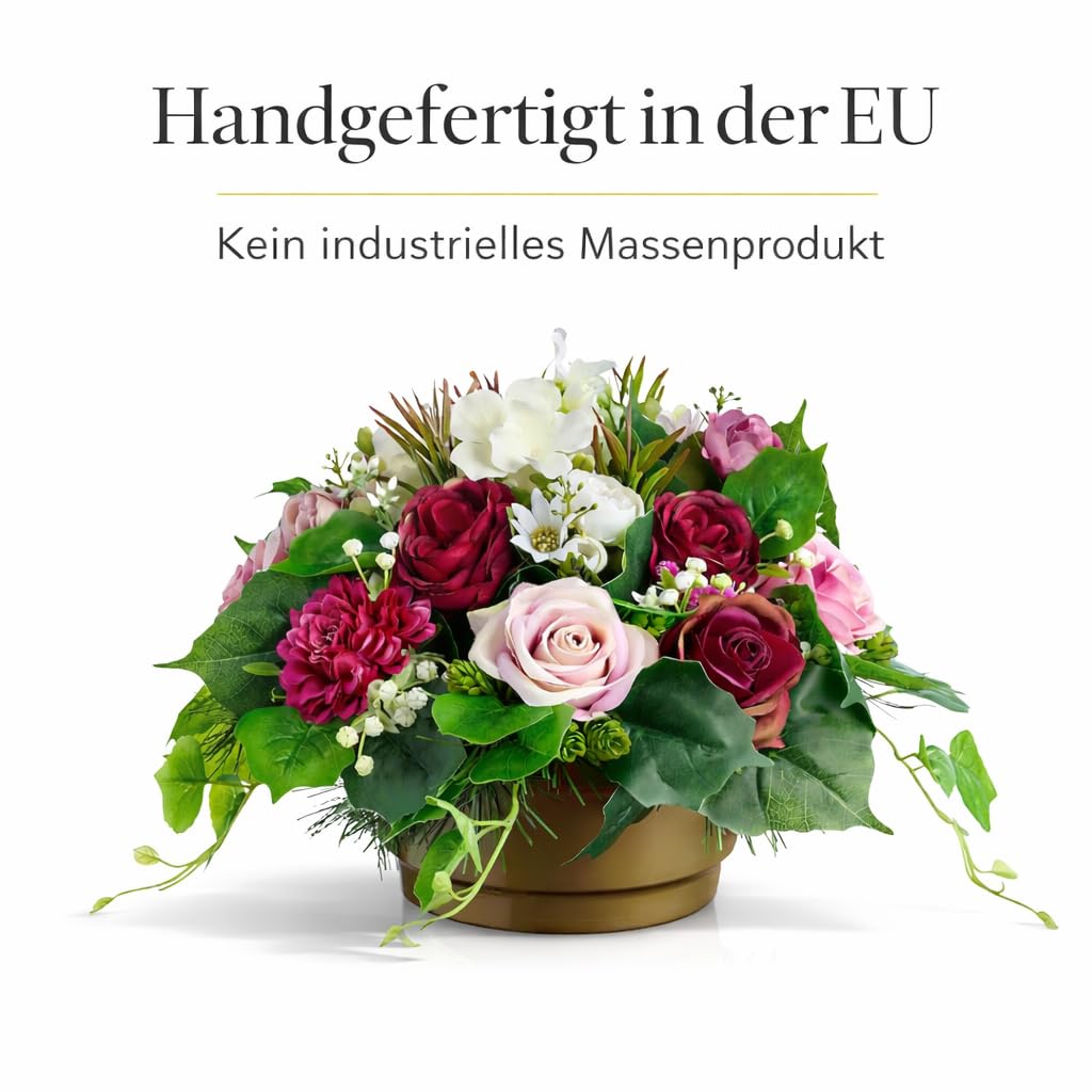 Generisch Grabgesteck künstlich wetterfest 30 cm – Grabgestecke mit Rosen im Topf beschwert – Grabschmuck für Friedhof & Urnengrab – EU Handmade Grabdeko