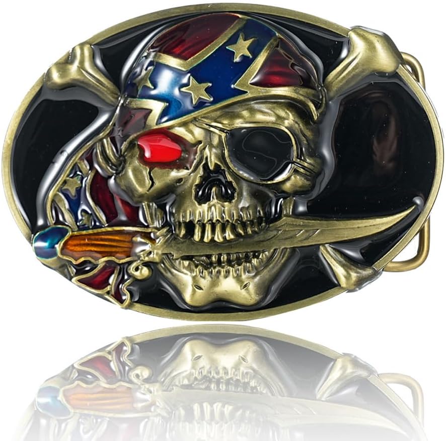 fomissky-sisa Western Cowboy Belt Buckles for Men, American Flag Skull Belt Buckle Blindfolded Pirate Halloween Costumes Accessories
