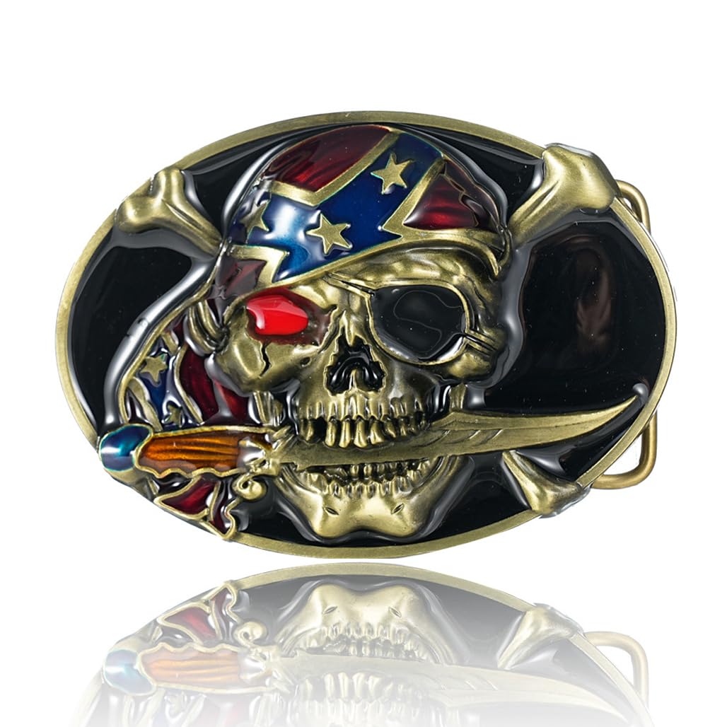 fomissky-sisa Western Cowboy Belt Buckles for Men, American Flag Skull Belt Buckle Blindfolded Pirate Halloween Costumes Accessories
